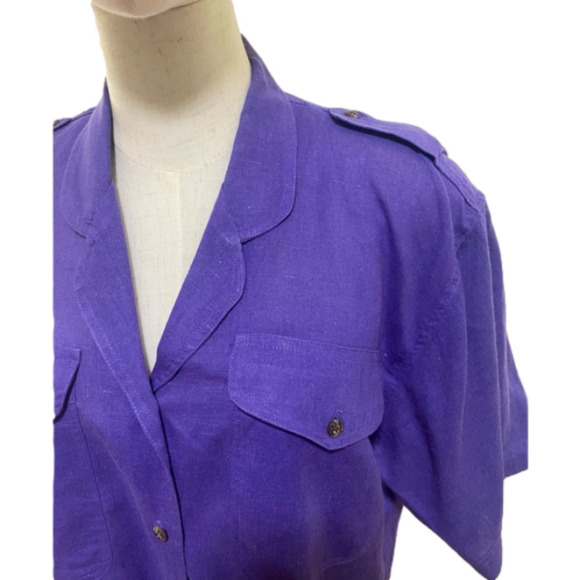 80s PURPLE LINEN BLEND OUTBACK RED SAFARI PADDED SHOULDER SHIRT EC SZ M - Picture 3 of 4